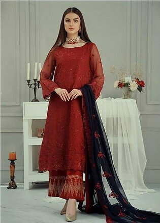 Fascino Embroidered Khaadi Net Suits Unstitched 3 Piece FN22F SPRAKLING RED - Festive Collection