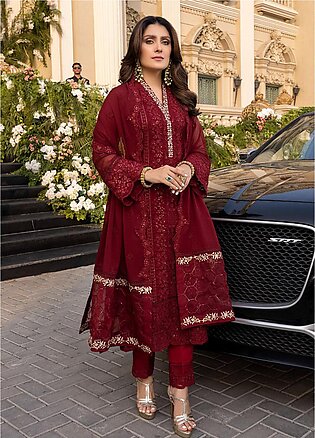Azure Embroidered Chiffon Suits Unstitched 3 Piece AZ22LU D-03 VIBRANT RUBY - Luxury Collection