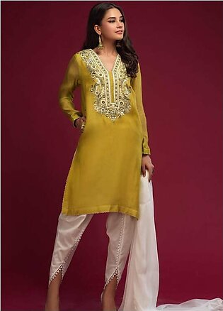 Zaaviay Embroidered Khaadi Net Stitched 3 Piece Suit 026 OLIVE BLOOM