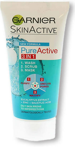Garnier Pure Active 3In1 Face Wash Scrub And Mask 100Ml