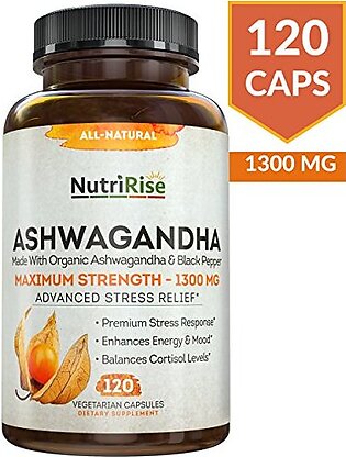Ashwagandha 1300mg Made with Organic Ashwagandha Root Powder & Black Pepper Extract - 120 Capsules. 100% Pure Ashwagandha Supplement for Stress Relief, Anti-Anxiety & Adrenal, Mood & Thyroid Support
