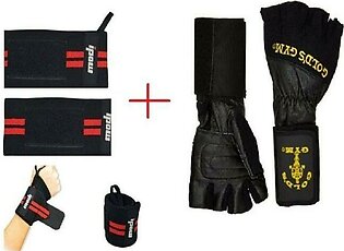 Pack of 2 – Gym Wrist Wrap + Lifting Gloves + Weight Lifting Gym Strap – Black