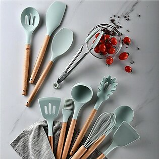 12 Pieces – Silicone Spoon Set with Wooden Handle