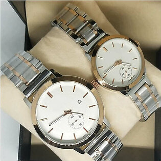 Simple Couple Watches Second With Date Ladies And Gents Pair White Dial With Light Golden & Silver Chain 97996