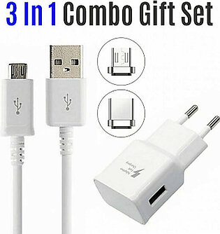 Deal 3 In 1 Combo Gift Set - Travel Adapter with Micro USB Cable + Type-C To Micro USB + Lightning To Micro USB Connector