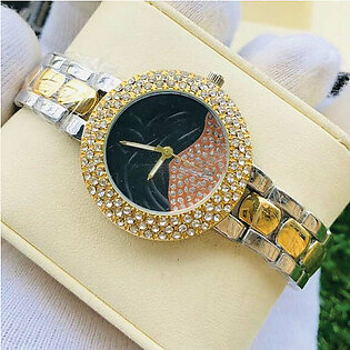 Diamond Black Dial Silver & Golden Watch For Women's