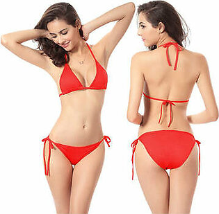 Red Padded String Ribbed Bikini