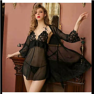 Sheer design
Adjustable spaghetti straps
V-Neck
Triangle cup shape
Front-Lace cup shape with bow detail
Above knee length
Front-Tie robe with lace panels




Long flounce sleeved robe with lace insert
Shoulder cut-outs on robe
G-String