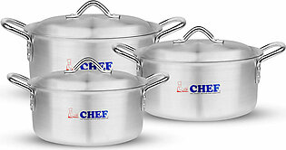 Chef Best Quality 3 Pcs Aluminum Casserole Royal Set / Handi Set - 32/36 cm-Metal Finish