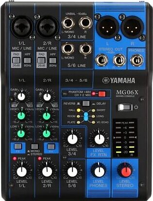 6-channel Analog Mixer with 2 Microphone Preamps, 4 Dedicated Stereo Line Channels, EQ, and Digital Effects