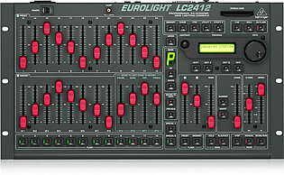The EUROLIGHT LC2412 is a professional 24-channel DMX lighting console with 24 preset channels assignable to 512 DMX channels. 120 scenes are storable in 10 banks, and there is an integrated chaser with up to 650 steps that features sync-to-bass beat, plus a frequency-dependent sound-to-light function. Crossfade time is freely selectable, allowing for super-smooth scene fades, and there are two additional, multi-functional channels for special effects (e.g. fog machine, color changer etc.). Designed to provide multi-level control of a wide range of dimmer packs and special effects lighting components, the EUROLIGHT LC2412 provides universal control of all DMX-compatible systems – at a price bound to light up the eyes of even the most budget-concious stage manager!