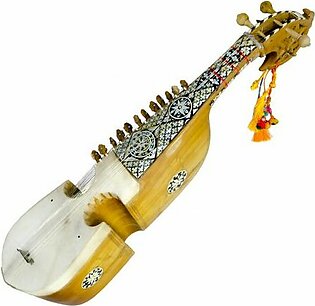 The famous traditional instrument of Pakistan has body carved out of a single piece of wood, with a head covering a hollow bowl which provides the sound-chamber. The bridge sits on the skin and is held in position by the tension of the strings. It has three melody strings tuned in fourths, two or three drone strings and up to 15 sympathetic strings. The instrument is made from the trunk of a mulberry tree, the head from an animal skin such as goat, and the strings from the intestines of young goats (gut) or nylon.