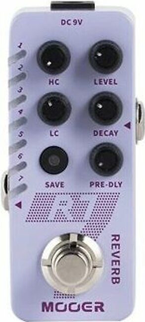 The MOOER R7 Digital Reverb pedal brings rich, classic reverb tones to The New Micro Series. Based on a brand-new set of unique reverb algorithms, the R7 packs 7 types of reverb effects from the “Church” to the “Cave”. High and Low Cut controls allow users to trim redundant frequencies and shape the tone freely, while the built-in trail functions can be switched between normal mode and “Trail On” mode to allow effects to fade out naturally. Of course, each effect’s settings can be saved using the different preset slots so you never need to worry about losing that perfect tone!