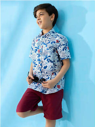 White & Blue Bold Floral Short Sleeve Casual Shirt