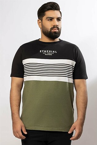 Black Tri-Color Graphic Printed T-Shirt (Plus Size) - A24 - MT0321P