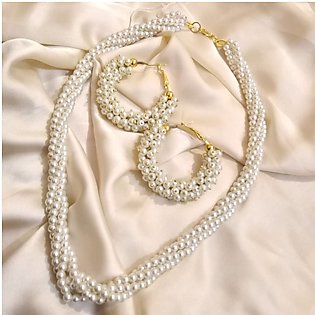 Adorable White Mala With White Hoop Style Earring Set-Box Free