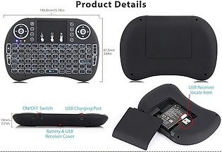 i8 MINI WIRELESS QWERTY KEYBOARD - 2.4Ghz - WITH COLORFUL BACKLIGHT & TOUCHPAD - MULTIMEDIA CONTROL FOR PC, ANDROID TV BOX, X-BOX PLAYER, SMARTPHONES (BLACK)