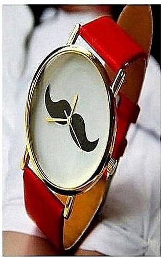 Ansha Mart Mustache Red Leather Strap Watch - Unisex