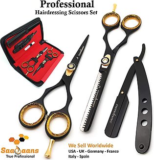Barber Scissors Razor Edge Quality -  6.5 inches Hairdressing Shears Set in Black Colour with Beautiful Leather Pouch