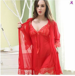 Nighty Beautiful Gown Style Ladies Night Suit 2 pcs - Red Colour