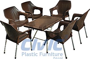 Set Of 6 Rattan Plastic Chairs And Plastic Table - Choclate