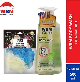 (Pack of 2) WBM Body Wash Gental Cleansing Coconut and Jasmine Shower Gel + WBM Bath Ball Sponge, Powerfull
