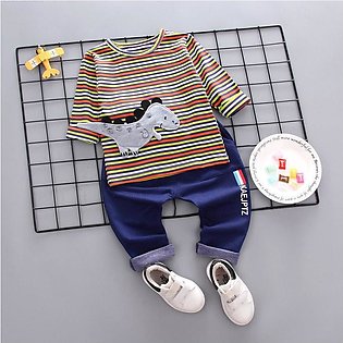 0-4 years new summer/ spring  boys cartoon sliver dinosaur multi color orange shirt with high quality denim jeans for boy/girl children's clothing two-piece set one generation 2019 summer dresses - Islamabad