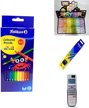 Pack Of 4 Pcs Set - 1 Pcs Fx 991 ES Scientific Calculator Full Functions - 1 Pkt 12 Colour Pencils Pelican - 36 Pcs ORO Erasers Multi Colour - 1 Pkt Pelican Lead Pencils
