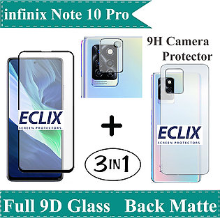 3 in 1 - Infinix Note 10 Pro Black 9D 10D 11D 21D Tempered Glass Full Glue  Screen Protector + Back Matte Protector Soft Skin Sheet Protection With Side Cover + 9H Flexible Camera Glass Lens Protector For  Infinix Note 10 Pro  - Transparent