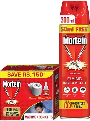 Mortein Flying Insect Killer Spray Kills 100% Mosquitos and Flies 300ml + Mosquito Repellent Refill 30 Nights Odourless 25ml - Mortein Starter Pack