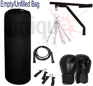 Boxing Punch Bag, hanging chain, standard wall bracket, Boxing gloves, jumping rope ,hand gripper - 4foot Height Unfilled/Empty Black