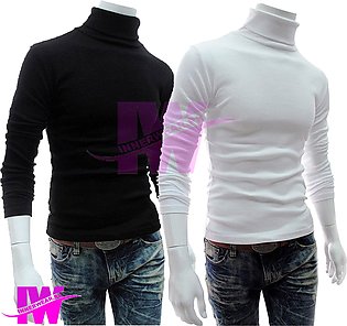 Pack of 2 Men Premium High Neck White and Black Full Sleeve Pullover Stretchable Ribbed Cotton & Lycra T-Shirt Turtleneck Tops Sweatshirt Winter Warm Free Size Every Fitter Special offer InnerWear pk