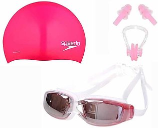 Set Of 3 - Swimming Glasses Goggles Swim Cap Ear Plugs Nose Clip Anti-Fog Uv Protection