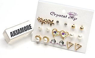7 Pairs Fashion Women Stud Earring Sets Flower Round Heat Pearl Earrings Inlaid Crystal Stone Simple Versatile Design Geometric Shape Female Earrings Gift