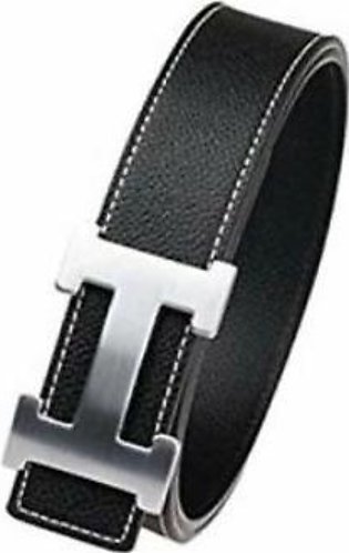 H Metal Buckle Leather Belt for Men-Black