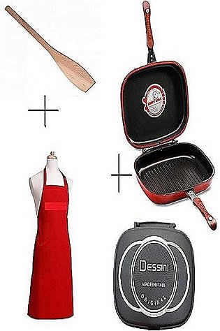 Pack Of 3, Double Sided Bbq Grill Pan Non Stick Spoon And Apron