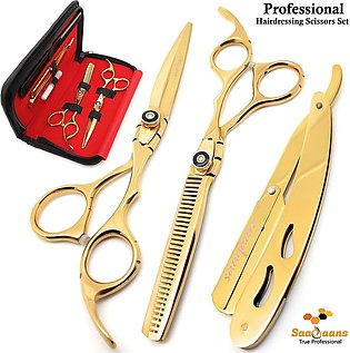 Barber Scissors Razor Edge Quality -  7 inches Hairdressing Shears Set in Gold Colour with Beautiful Leather Pouch
