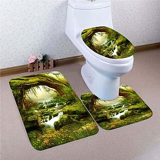 Waterproof Bathroom Shower Curtain Brook Stone Carpet Rug Bath Mat Toilet Cover