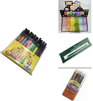 Pack Of 4 Pcs Set - 1 Pkt 24 Colour Pencils - 36 Pcs ORO Erasers Multi Colour - 1 Pkt Faber Castel Lead Pencils - 1 Pkt Tempo 10 Colour Marker