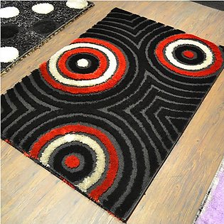 Modern Rug - Shaggy - Red and Black Abstract Circles - Made in Turkey - 4X6 Ft