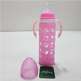 Large Size Attractive & Imported Baby Infant Glass Feeder Bottle With Silicone Protector In Pink Color By MAQ-( 240 ML )