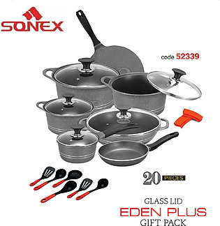 SONEX Eden Plus Gift Pack - 20 Pieces - Die Cast - Marble Coating with Glass Lids - Cookware Set