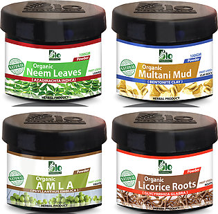 Bundle of 4 Herbs Fine Powder - Neem Leaves Powder- Multani Mud Powder- Licorice Powder- Amla powder 100% Natural - 100 gm