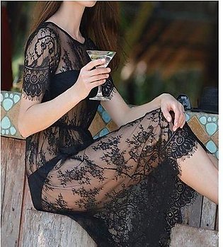 Long Black Short Sleeve O Neck Sexy Dress Night Gown For Women