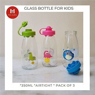 Water Bottle Glass-Pack of 3- Milk Decorated Bottle- 250cc - Renga- Imported
