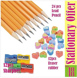 Bundle of Lead Pencil 24 pcs + Rubber Eraser 12 Pcs + Lead Pencil Sharpener 12 pcs for school going kids,students