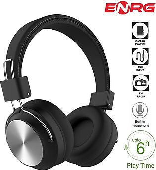 ENRG Wireless Bluetooth Stereo Sound Headphone On-Ear Foldable Headsets With Built-in Mic For Calling Direct 3.5mm Aux Plug-in And SD Card Support - Black