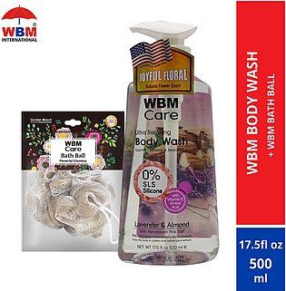 (Pack of 2) WBM Body Wash Gentle Calming and Restoring Levender and Almond Shower Gel + WBM Bath Ball Sponge, Powerfull Cleaning Performance Shower Bath Ball (Loofa Sponge)
