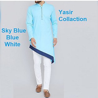 Sky blue cotton stylish kurta with blue design and white cotton pajama Awesome design for men