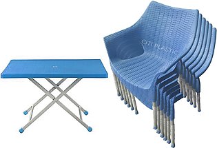 Set Of 6 Rattan Plastic Chairs And Plastic Table - Blue